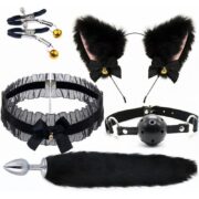 BDSM Bondage Kit 5 Pcs Foxtail Anal Plug Set Sex Toy Kit with Butt Plug Headband Cat Ear Necklace Nipple Clamps and Gags Adult Toys for Men Women Couples Adult Sex Toys
